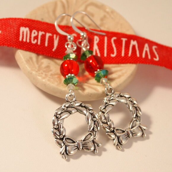 Christmas Wreath Earrings Dangle Pierced or Clip-on Earrings Silver Earrings - Picture 1 of 9